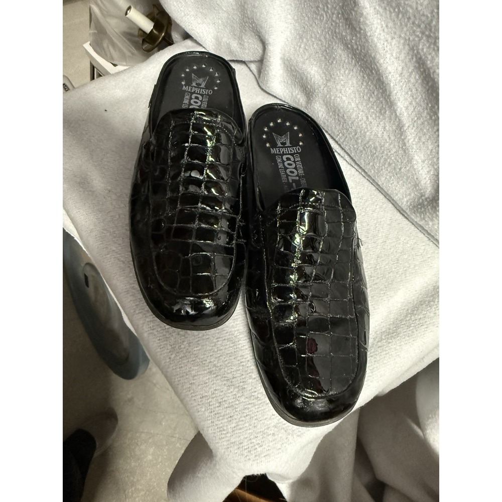 Mephisto Slides Women Black Patent Leather Crocometal Croc Print Mules Shoes 7